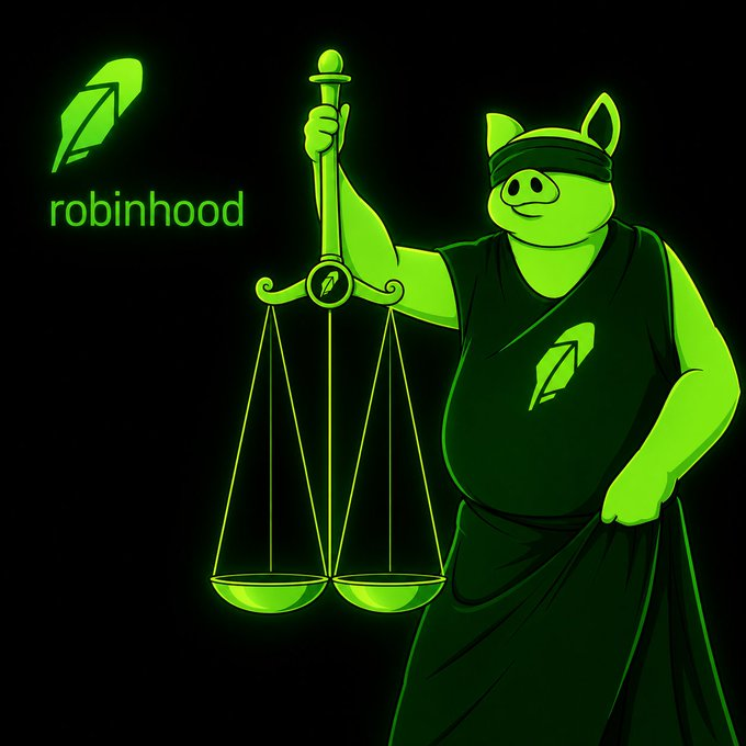 LOLCOIN pig holding the scales of Robinhood justice