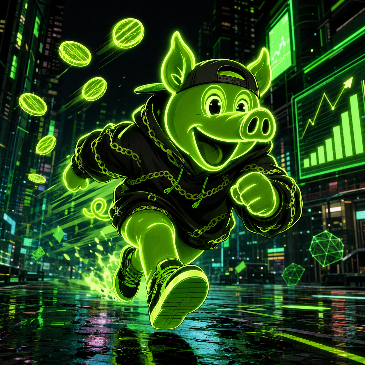 LOLCOIN pig running through the city
